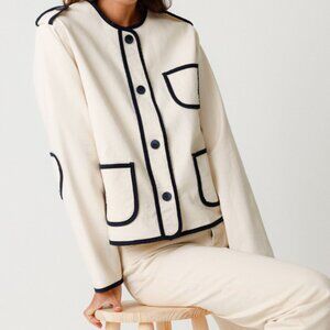 Piped Cream and Navy, Round neck, Long sleeve, Jacket - Made in Spain